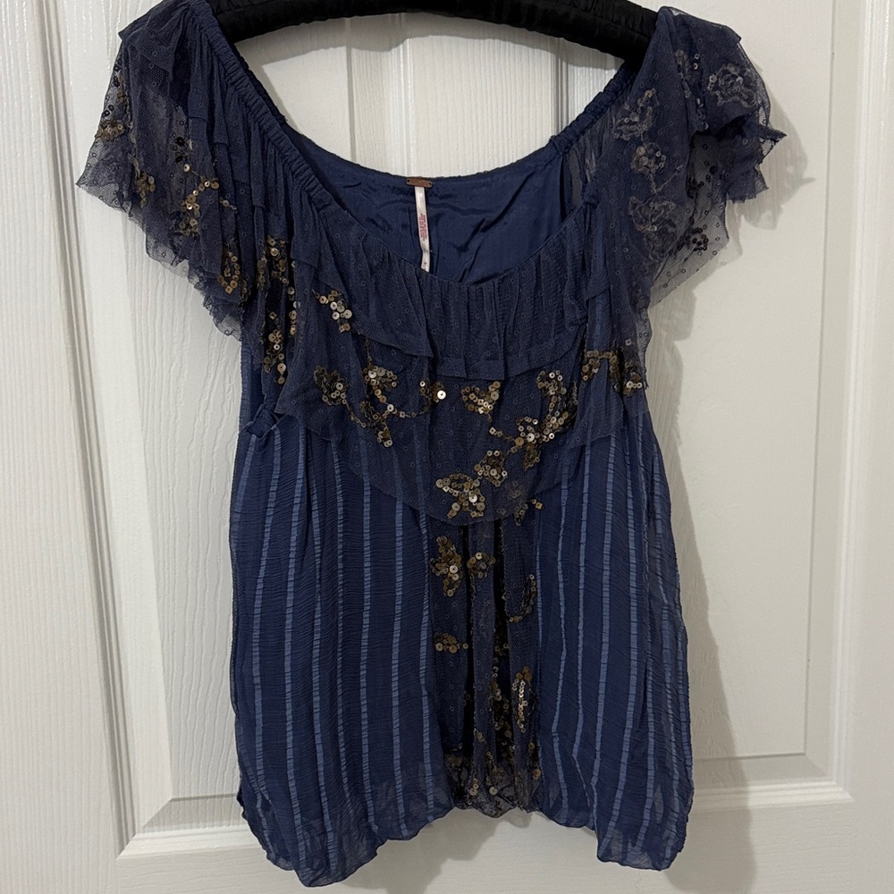 Free People Midnight Blue Blouse with Gold Accents